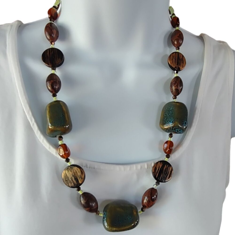 Vintage Fashion Statement Necklace Boho Speckled Glazed Ceramic Glass Beads Teal